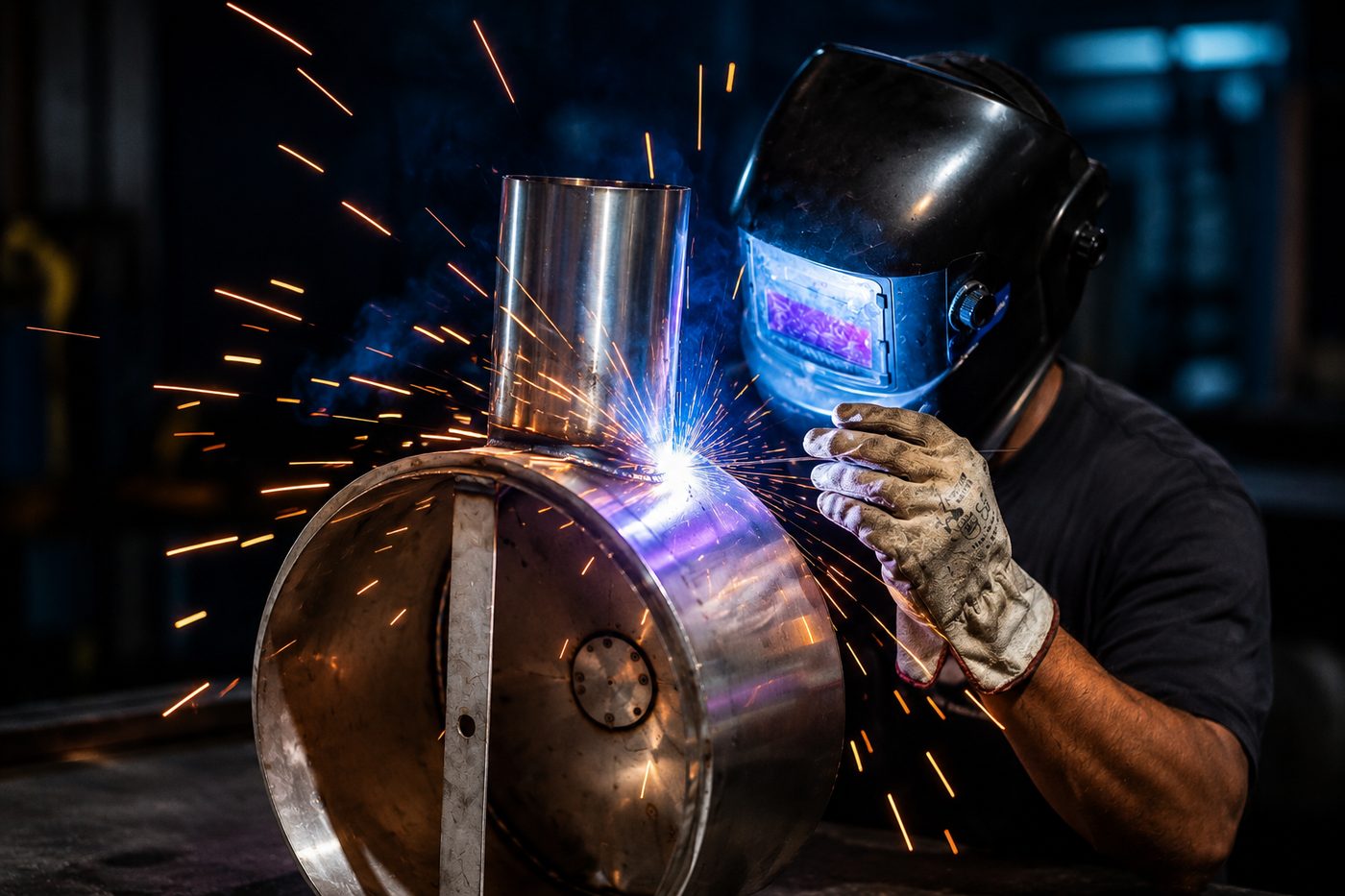 Welder striking an arc on a stainless steel tank, sparks flying, at the AG Welding workshop